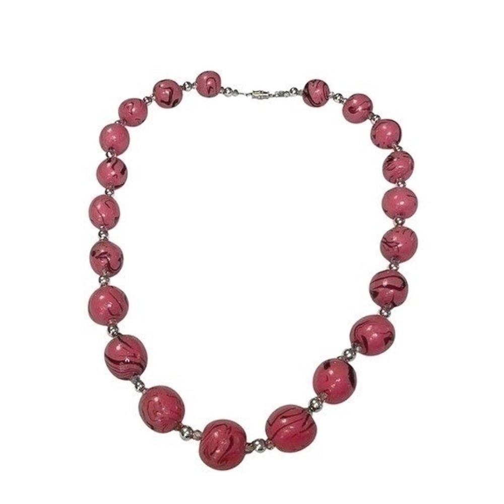 Marbled‎ Bead Necklace Women's Pink Black Silver Tone 22 Inch Statement Jewelry